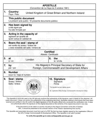 UK FCDO Hague Apostille Certificate Example