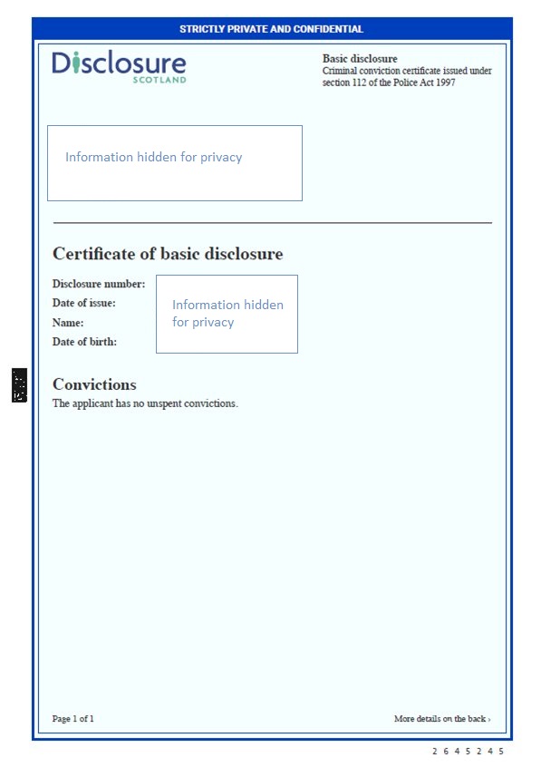 Disclosure Scotland Certificate of basic disclosure