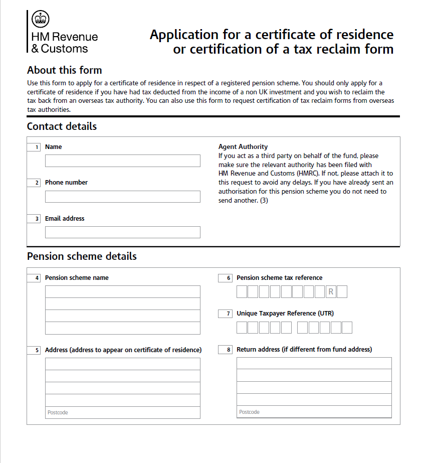 Example of the HMRC application form for a certificate of residence