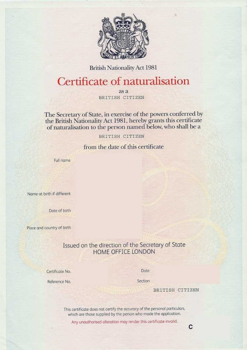Example of a UK certificate of naturalisation (redacted)