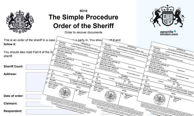 Mock-Up of Scottish Sheriff Court Document with apostille certificate