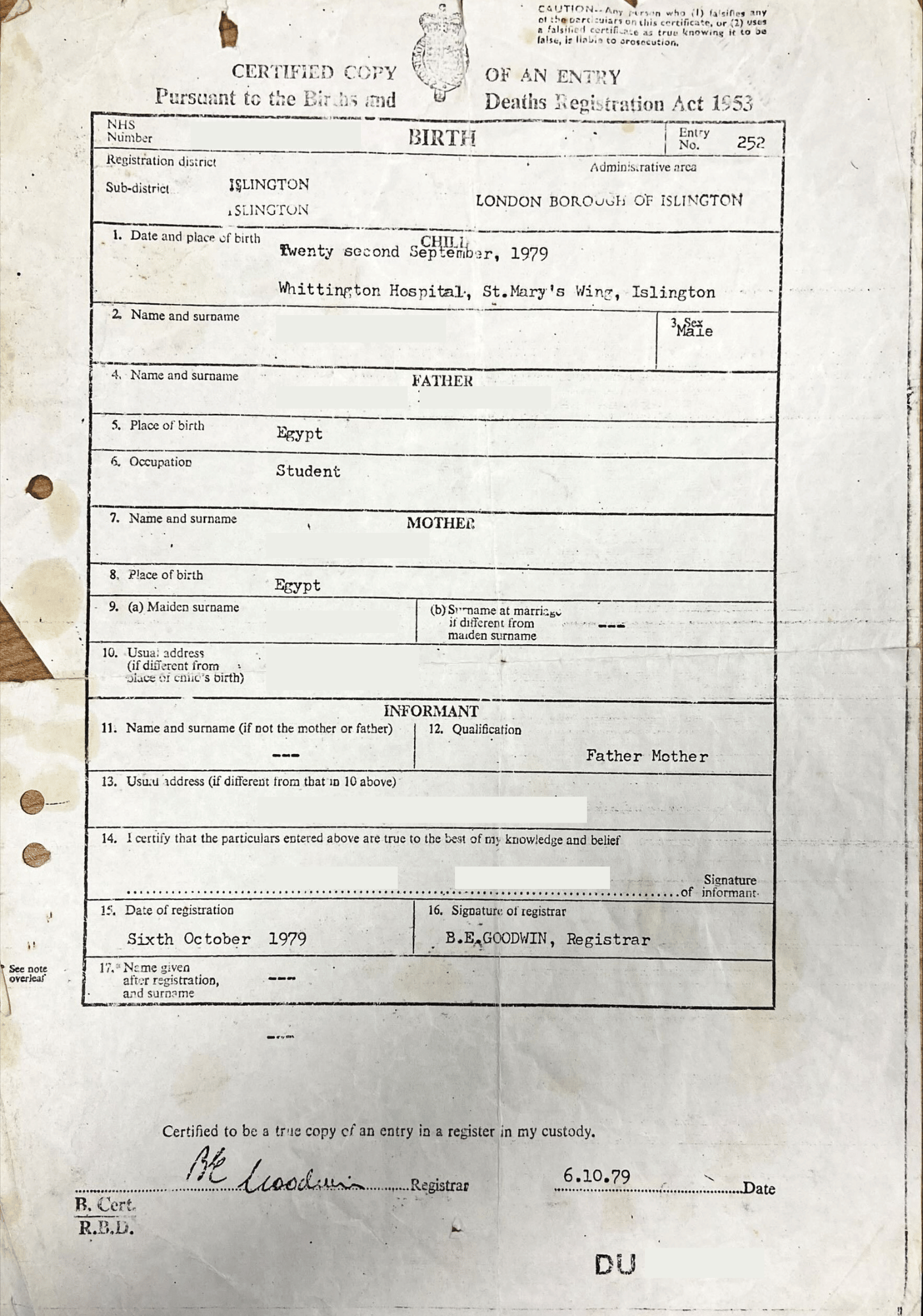 Old UK Birth Certificate Example from 1979