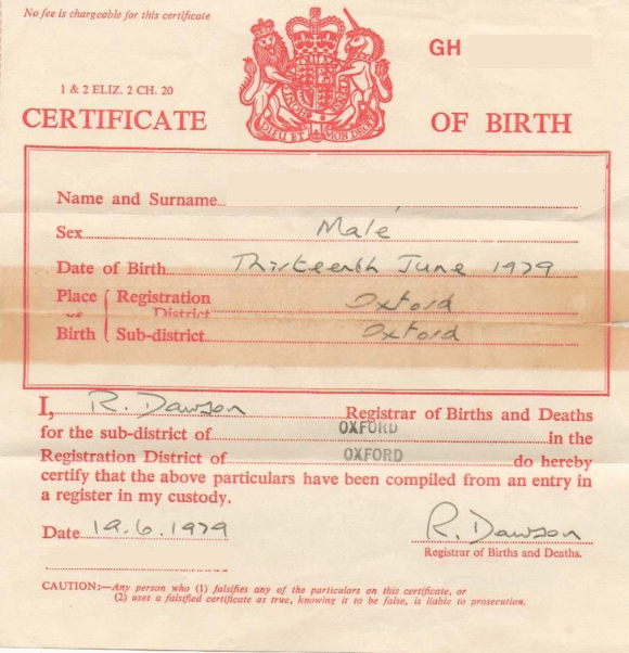 Short Form UK Birth Certificate OLD