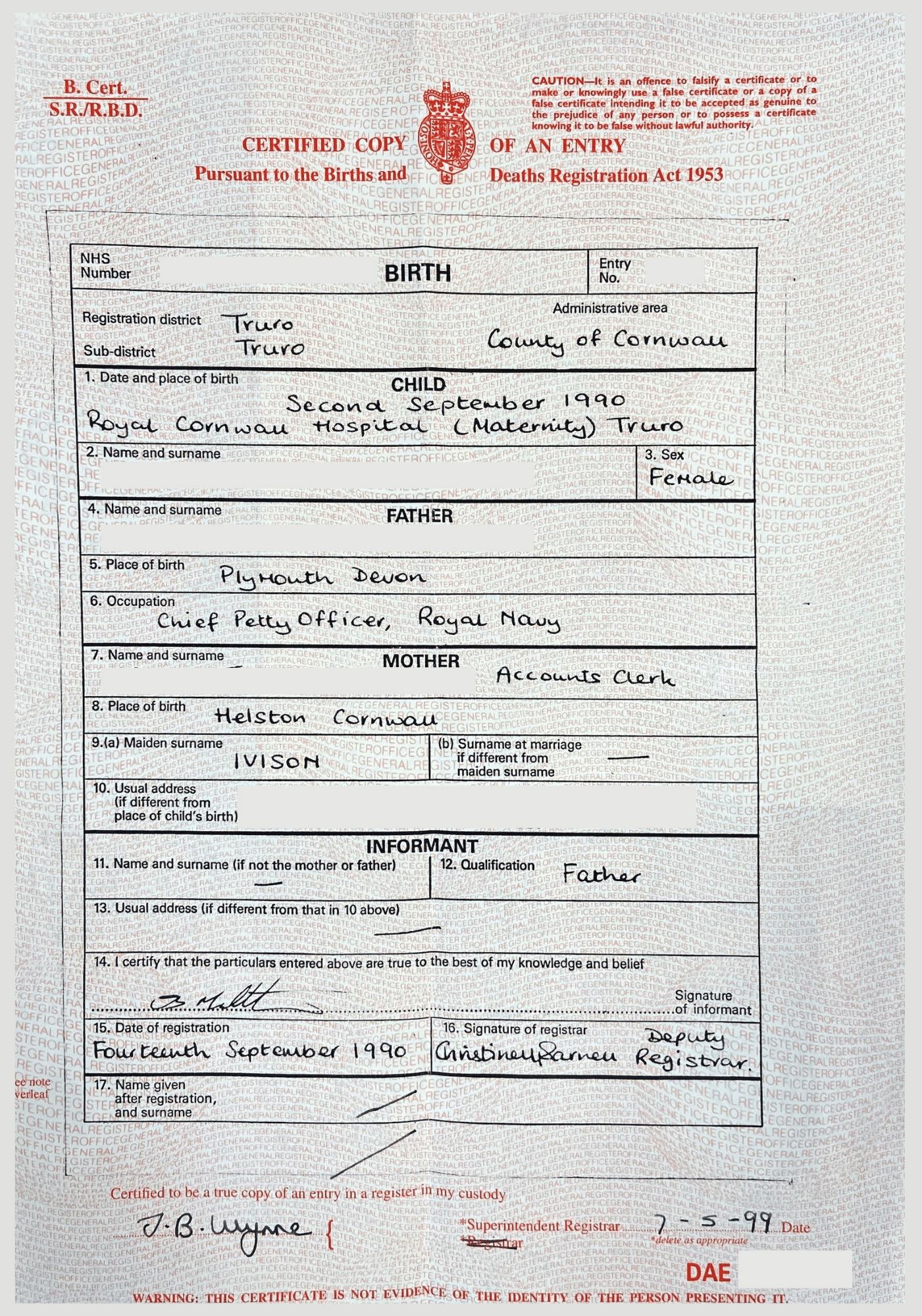 UK Birth Certificate Example Red