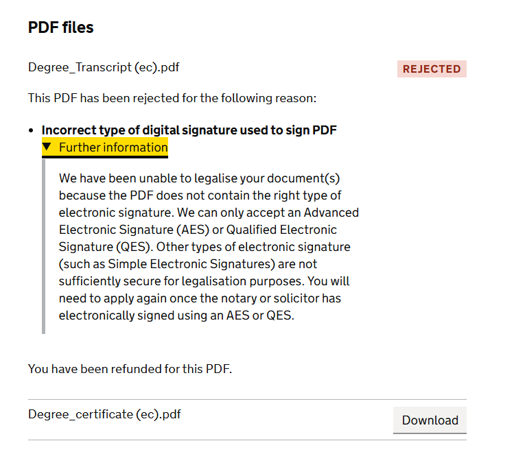 Full FCDO rejection message