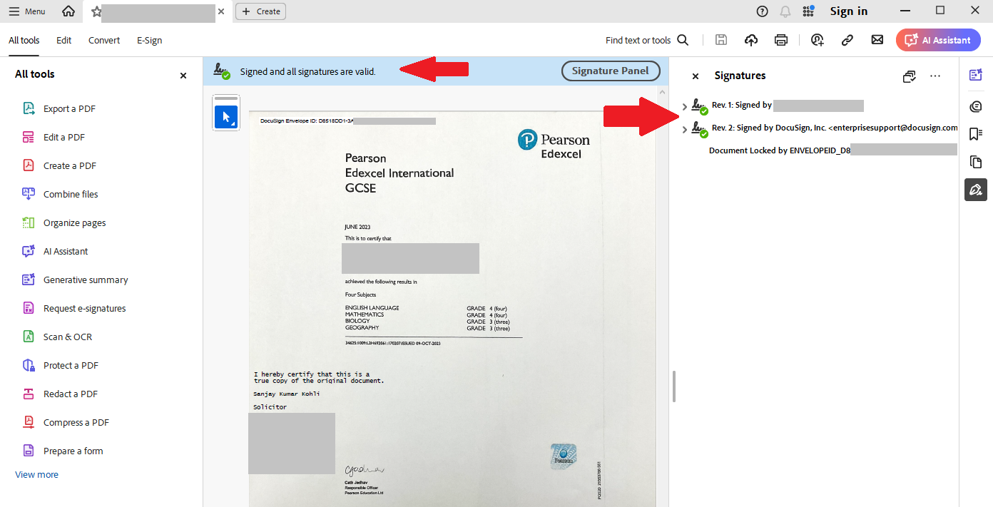 Screenshot of a valid e-signature inside a PDF