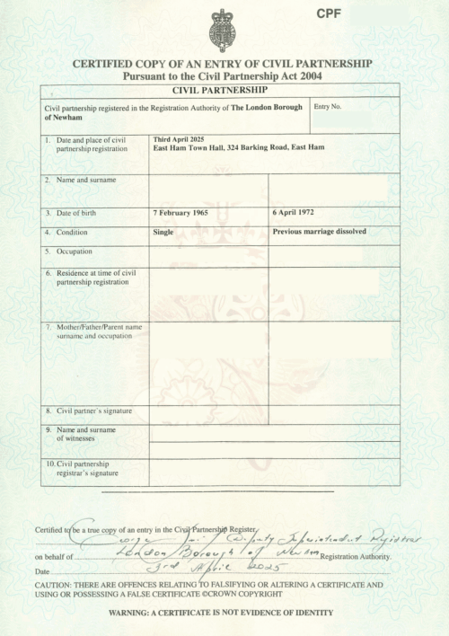 Apostille for Civil Partnership Certificate