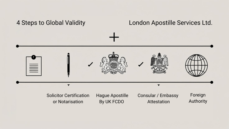 Infographic showing four-step document authentication path from UK to foreign acceptance.
