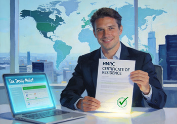 Man holding tax certificate, with a laptop visible on the table.