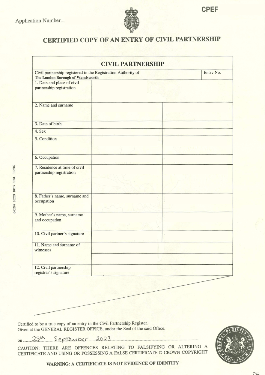 Certified Copy of an Entry of Civil Partnership
