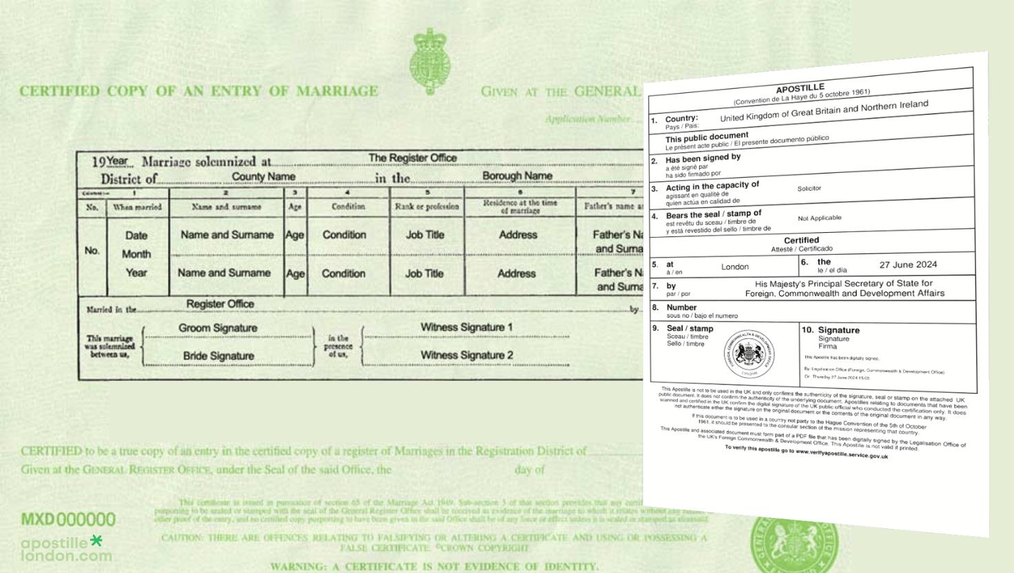 UK marriage certificate with apostille overlay example