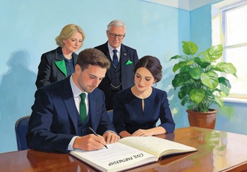 Couple signing civil partnership register with witnesses at the back.