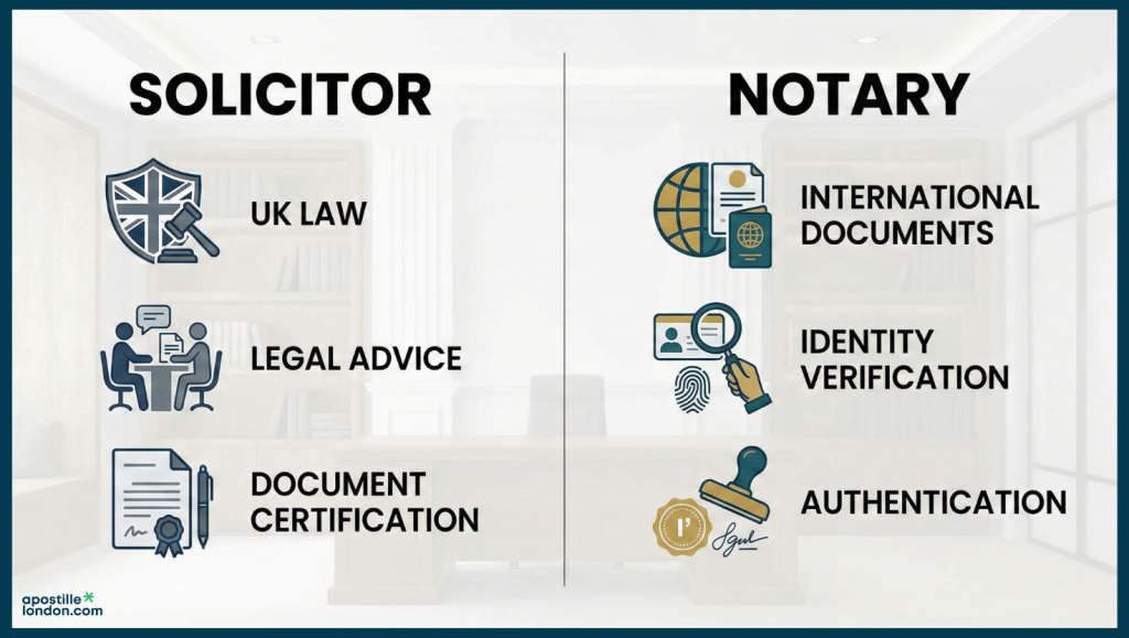 Comparison of solicitor and notary roles for document certification