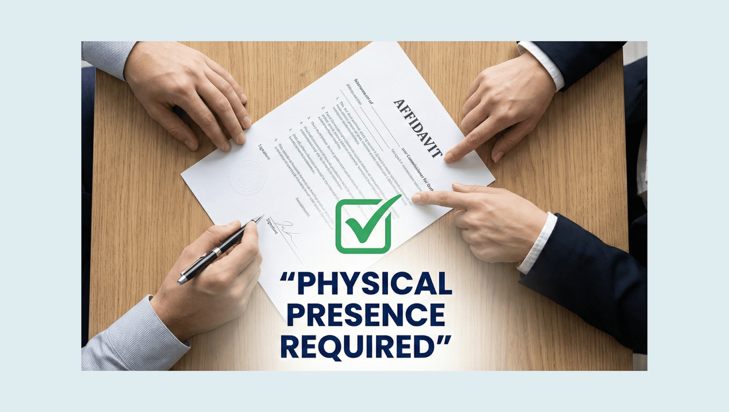 Affidavit Physical Witnessing Illustration showing that affidavits must be signed in the physical presence of a Commissioner for Oaths.