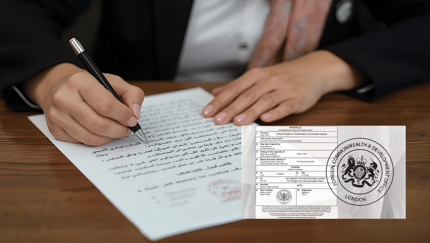 Legal document with Arabic translation being signed, alongside an apostille certificate