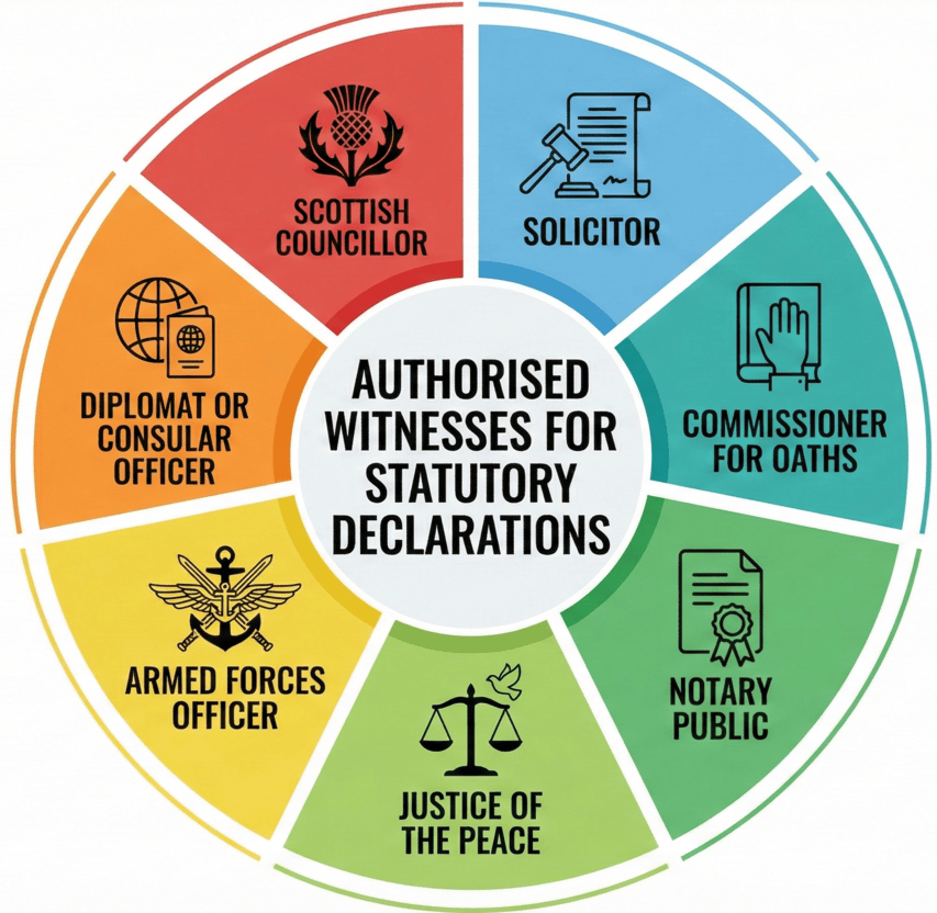 Authorised witnesses statutory declaration UK Visual showing all authorised witnesses for statutory declarations in the UK.