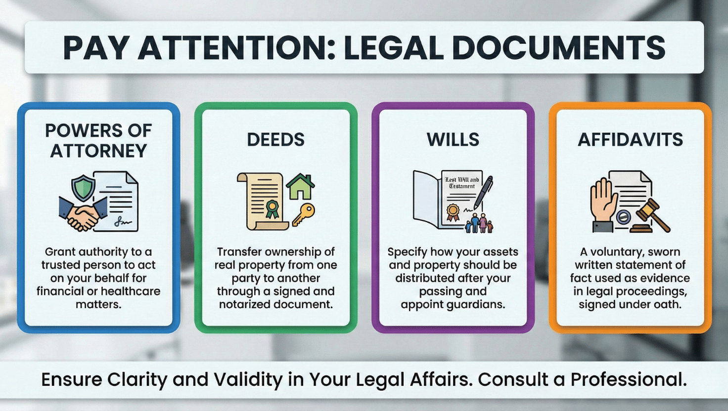 Document Specific Statutory Frameworks Infographic showing four types of legal documents that each follow their own statutory framework.