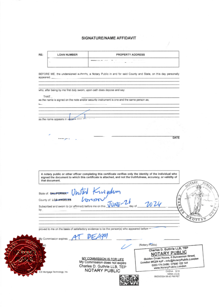 Example of Notarised (Witnessed) Affidavit