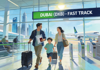 Family with luggage walking through modern airport under 'DUBAI (DXB) - FAST TRACK' sign, father holding travel documents.