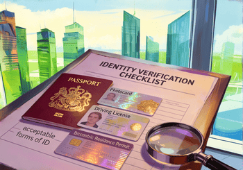 UK passport, driving license, and residence permit on an identity verification checklist with a magnifying glass.