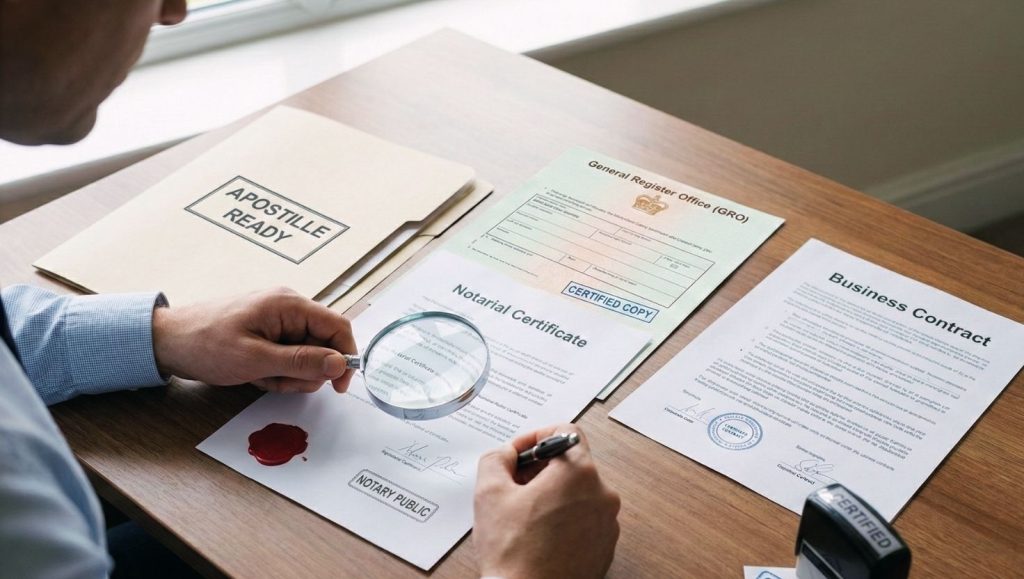 Person checking official documents to ensure they are apostille-ready