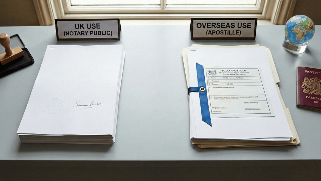 A comparative photograph of documents split into two sections. The left side, labeled "UK USE (NOTARY PUBLIC)," shows documents with a simple notary seal and stamp. The right side, labeled "OVERSEAS USE (APOSTILLE)," shows documents with an official FCDO Apostille certificate attached via a blue ribbon, next to a passport and globe.