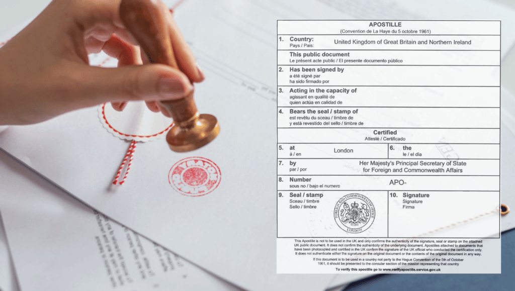 A legal document displaying a Notary Public's stamp alongside an official FCDO Apostille certificate, illustrating the full legalisation process for use abroad.