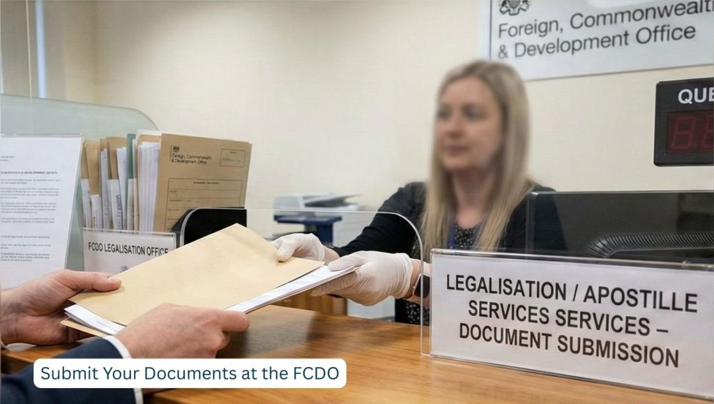 Person submitting documents at the FCDO Legalisation Office counter for apostille processing