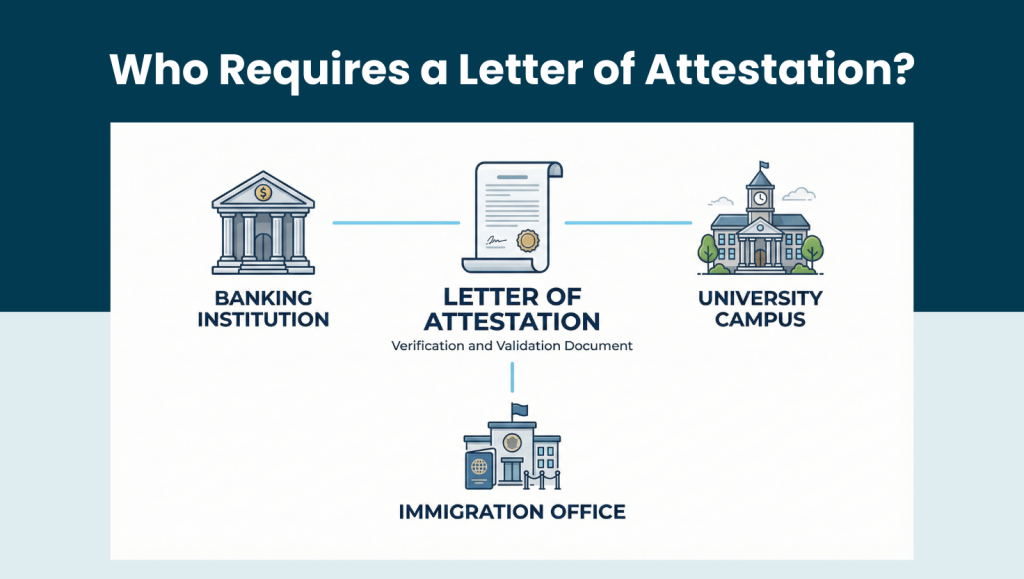 Institutions requiring letter of attestation Institutions that require a letter of attestation such as banks universities and immigration offices