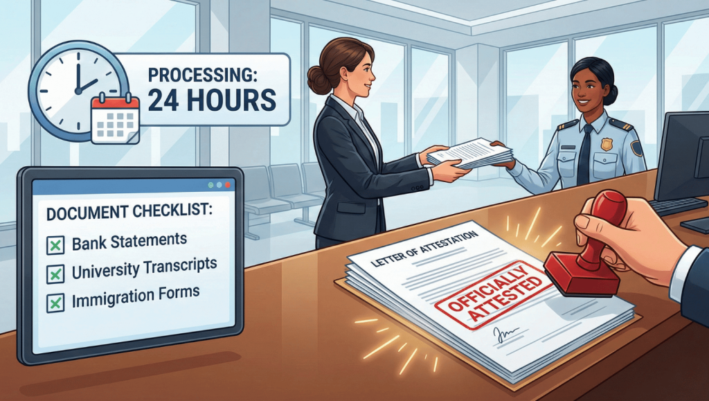 Letter attestation process Illustration of submitting a letter of attestation to official institutions like banks, universities, and immigration offices.