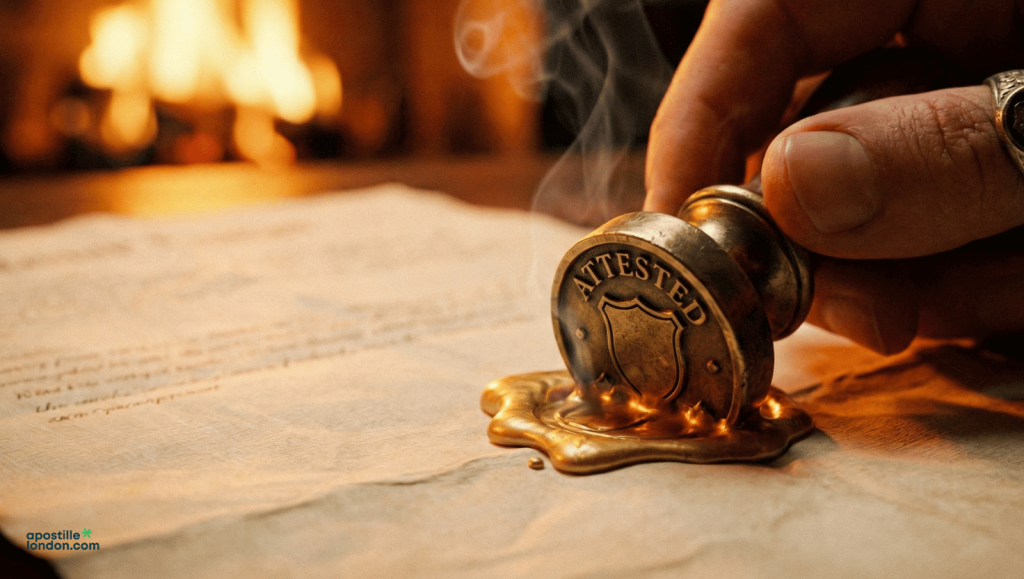 Letter of attestation authenticity wax seal Close-up of a golden wax seal stamped on a document to represent the authenticity and formal certification of a letter of attestation.