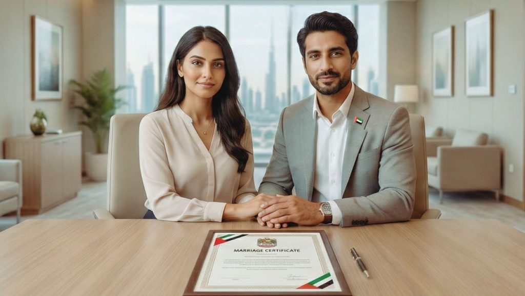 Couple with marriage certificate document and UAE symbol for attestation process