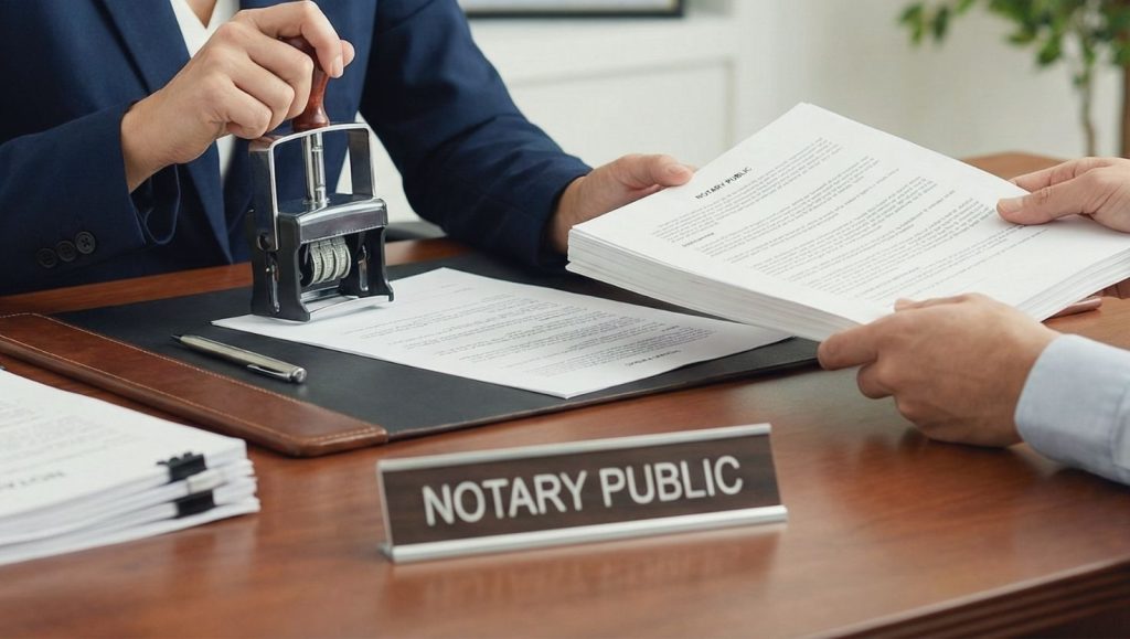 Notary public holding stamp while client submits a document, faces not visible