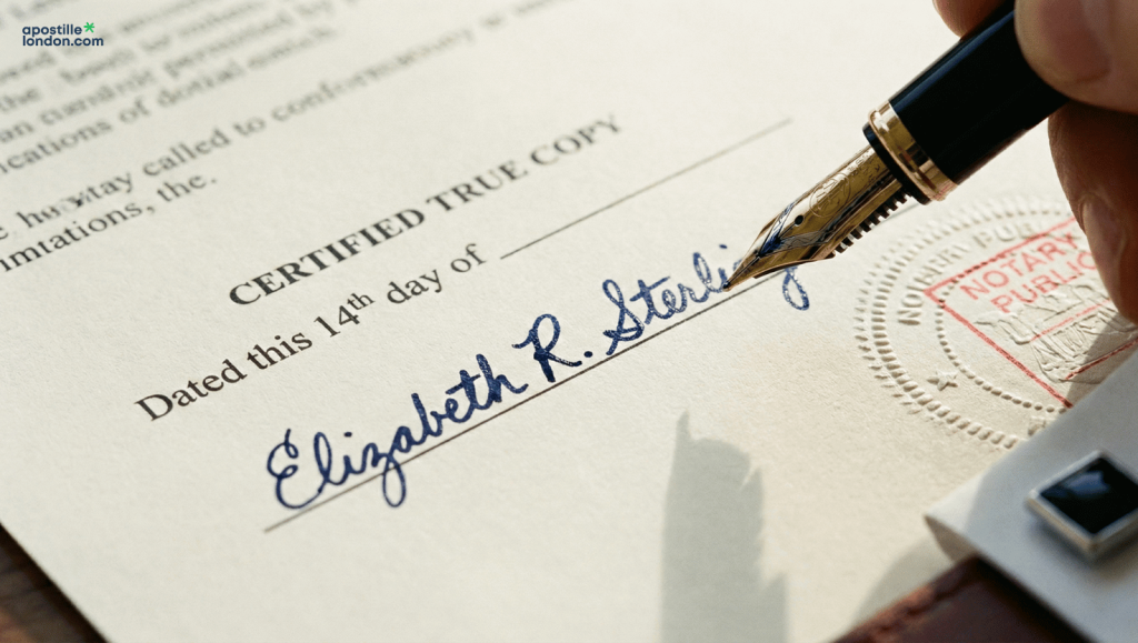 Close-up of a fountain pen applying a wet-ink signature to a certified true copy document next to Notary Public stamp.