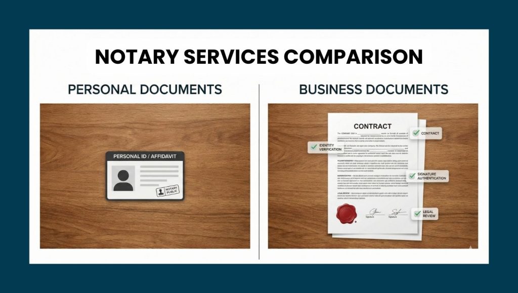 Personal vs Business Notary Documents Comparison of personal and business documents affecting notary costs