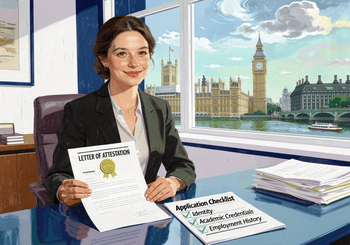 A calm professional woman holds a 'Letter of Attestation' with a golden seal in a serene London office, illustrating preparedness with a checklist.