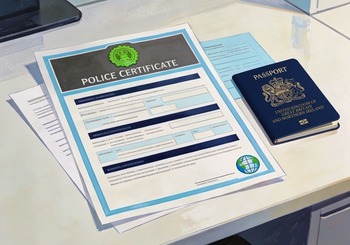 Police certificate document with passport for international use and legalisation