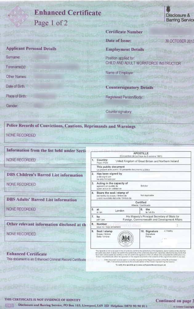 DBS enhanced certificate with Apostille Certificate DBS enhanced certificate with Apostille Certificate