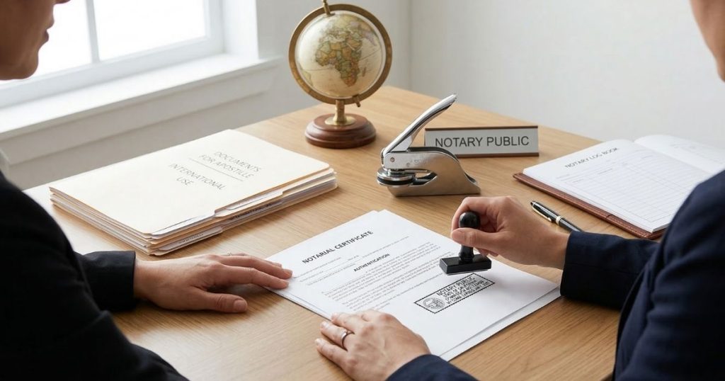 Notary public stamping a document for international authentication