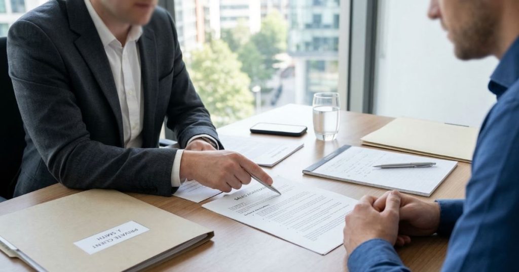 Solicitor reviewing legal documents with a client at a desk