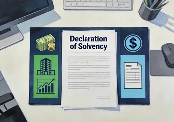 Declaration of solvency document with assets exceeding liabilities icons