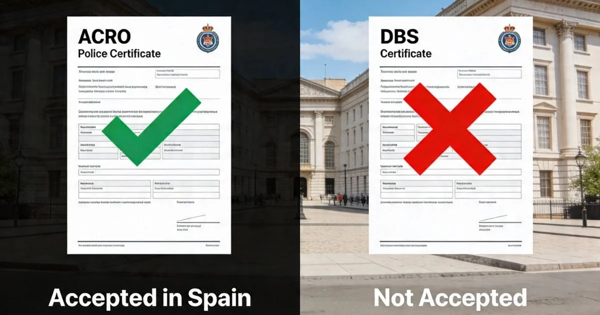 Comparison showing ACRO accepted and DBS not accepted for Spanish visa applications