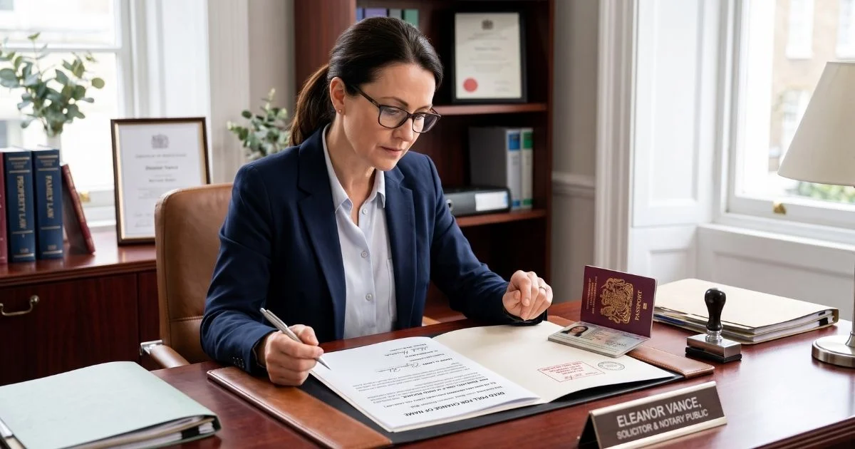 Solicitor reviewing deed poll documents for official certification