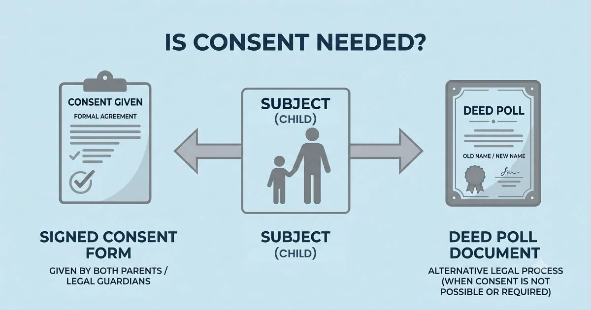 Decision pathway showing whether father's consent is needed for a child's surname change