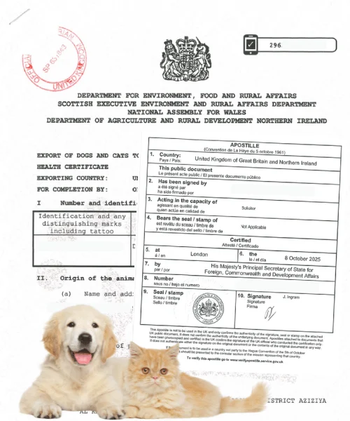 Pets export certificate apostille