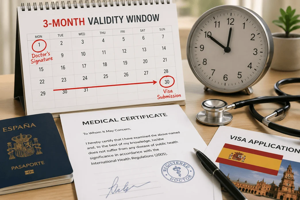 Timeline showing how to manage the three-month validity period of a Spanish visa medical certificate