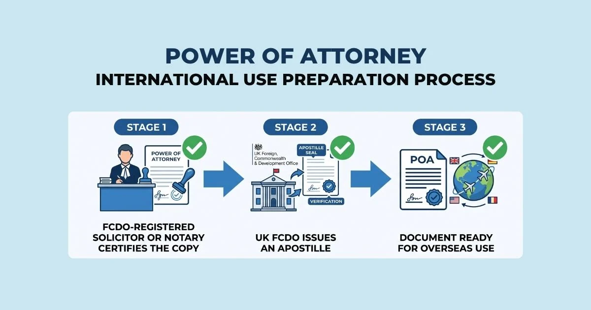 Step-by-step infographic showing the process for certifying a power of attorney for overseas use.