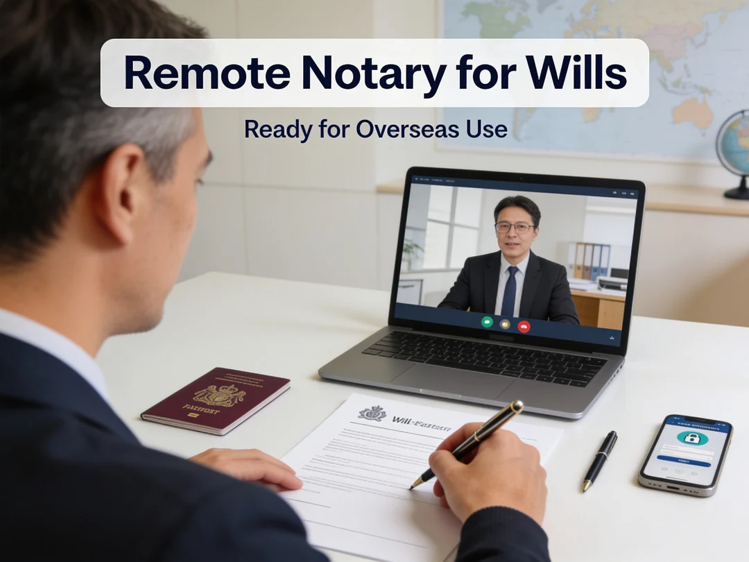 Person completing remote online notarisation of a will for international use