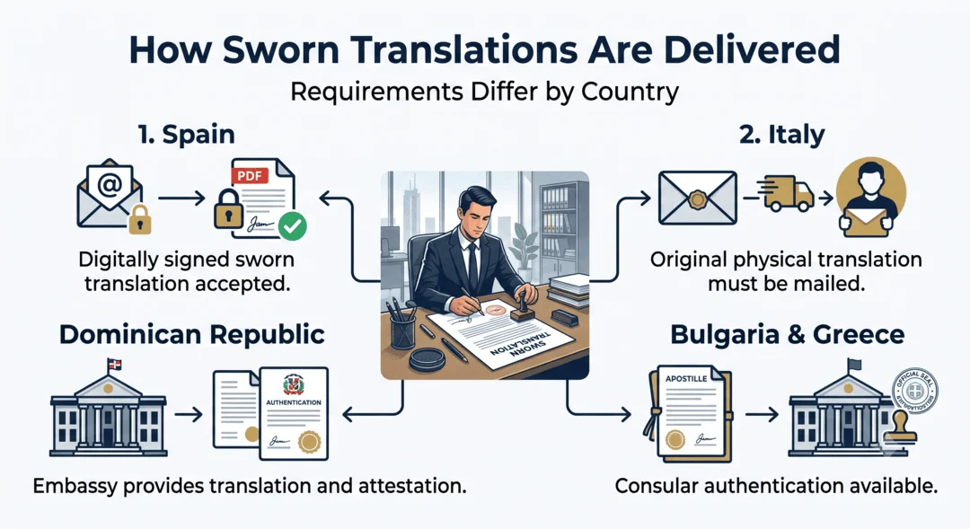 Process showing how sworn translations are delivered and authenticated in different countries