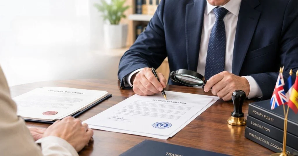 Notarising-translation-UK UK notary verifying a translator’s identity and signature on a certified translation